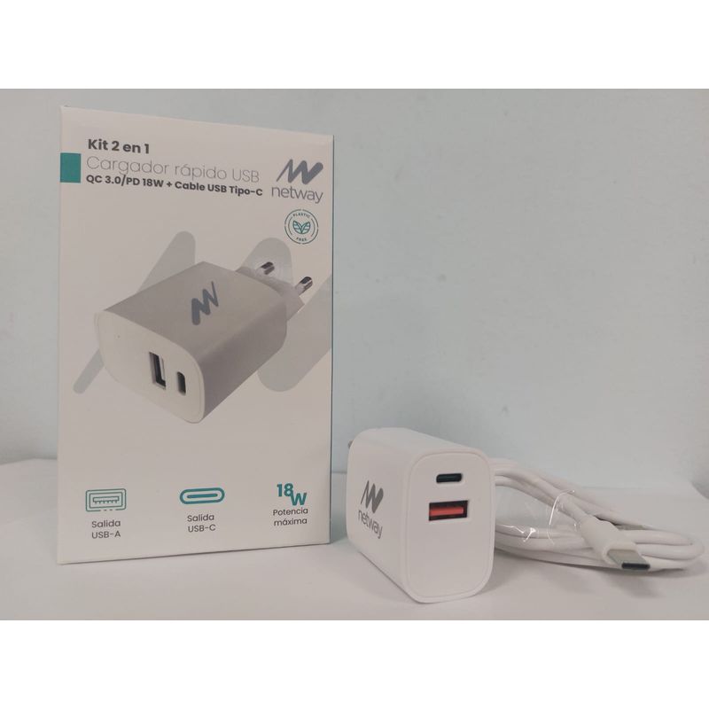 CARGADOR PARED NETWAY USB-A/USB QC 3.0 + CABLE TIPO C - Imagen 1 de 1