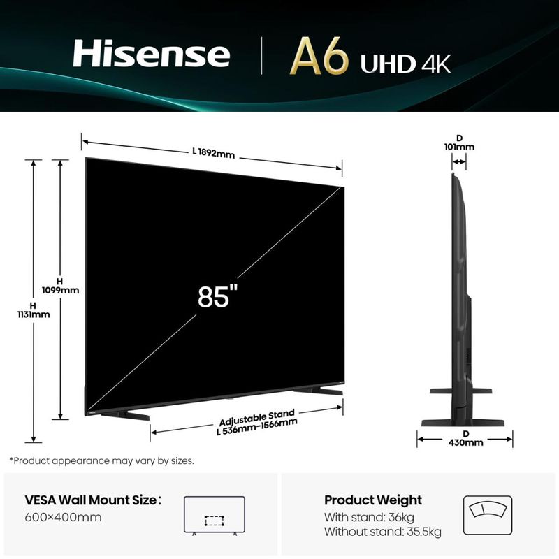 Televisor HISENSE 85" 85A6Q LED 4K Ultra HD - Imagen 3 de 14