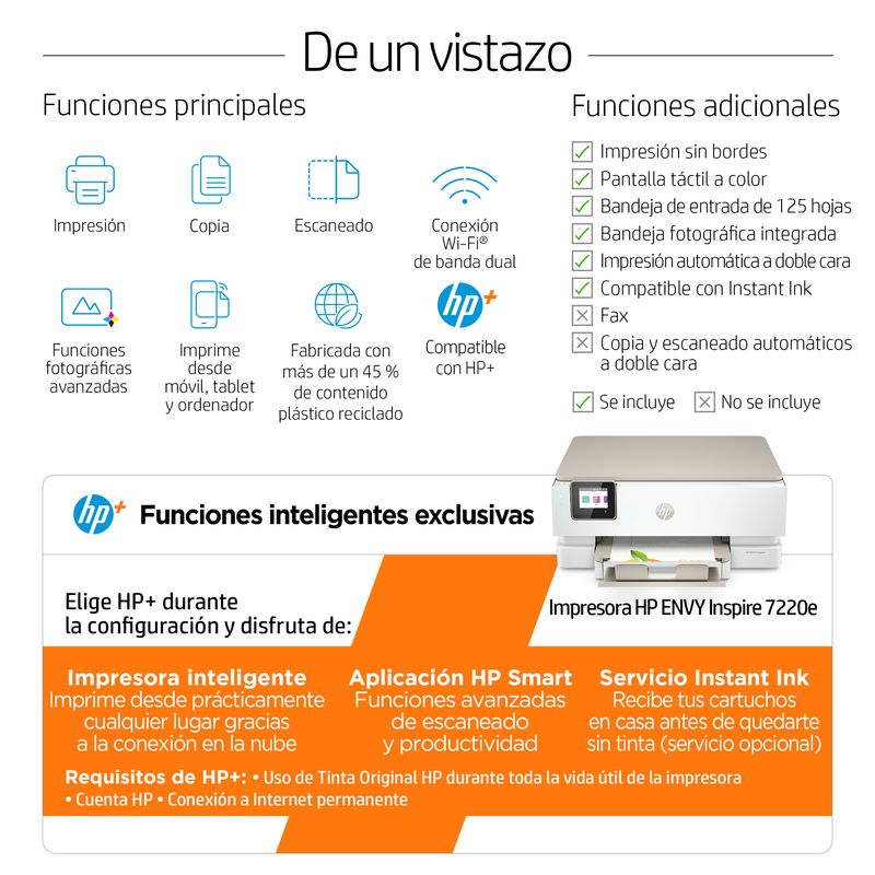 HP ENVY Multifunción A4Wifi Thermal Inkjet Dúplex Envy Inspire 7220e Inalámbrico All-in-One Color Impresora, Instant Ink; Fotocopiadora, escáner - Imagen 7 de 27