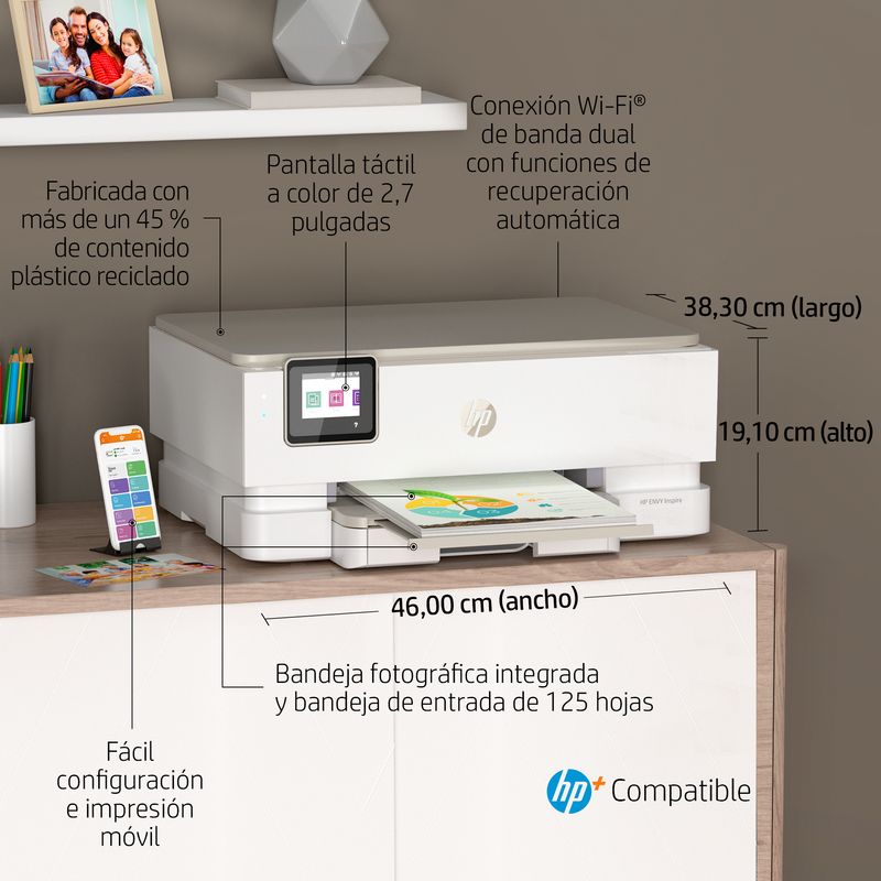 HP ENVY Multifunción A4Wifi Thermal Inkjet Dúplex Envy Inspire 7220e Inalámbrico All-in-One Color Impresora, Instant Ink; Fotocopiadora, escáner - Imagen 8 de 27