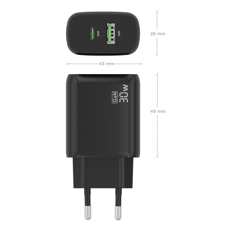 CARGADOR AISENS GAN 30W, 1XUSB-C PD3.0 QC4.0, 1XUSB-A QC3.0, NEGRO - Imagen 5 de 7