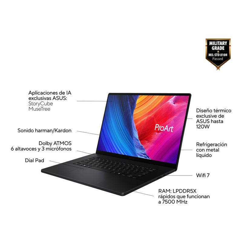 PORTATIL ASUS PROART P16 OLED H7606WP-SC105W.16" 4K ULTRA HD AMD RYZEN AI 9 HX 370. NVIDIA RTX 5070 8GB. 64GB RAM. 2TB SSD. W11 HOME. NEGRO - Imagen 4 de 7