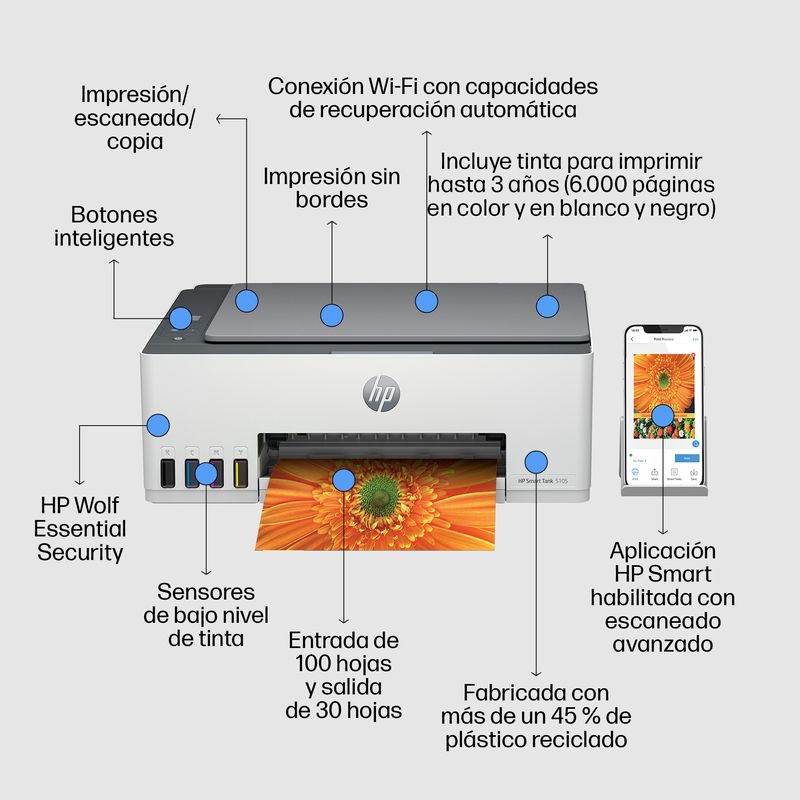 HP Smart Tank Multifunción A4Wifi Thermal Inkjet Dúplex Smart Tank 5105 Inalámbrico All-in-One Color Impresora, Fotocopiadora, escáner - Imagen 5 de 24