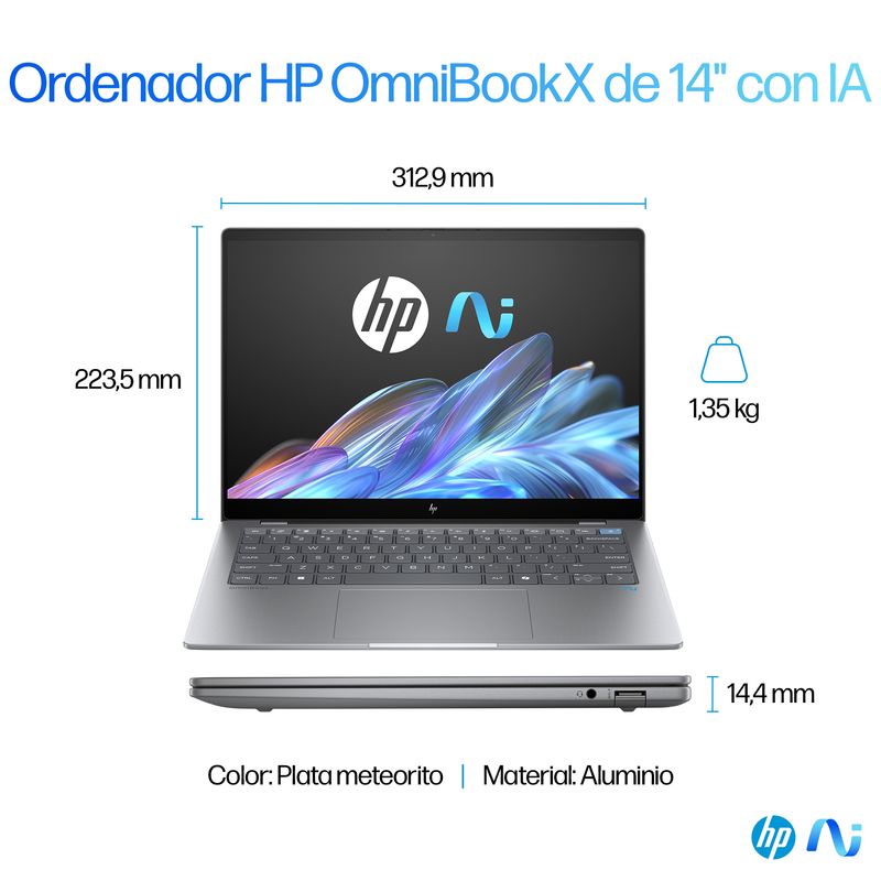 PORTATIL HP OMNIBOOK X 14-fe0008ns Qualcomm Snapdragon X Elite X1E-78-100/16GB DDR5 /1TB SSD/14" TACTIL/ W11l - Imagen 7 de 29