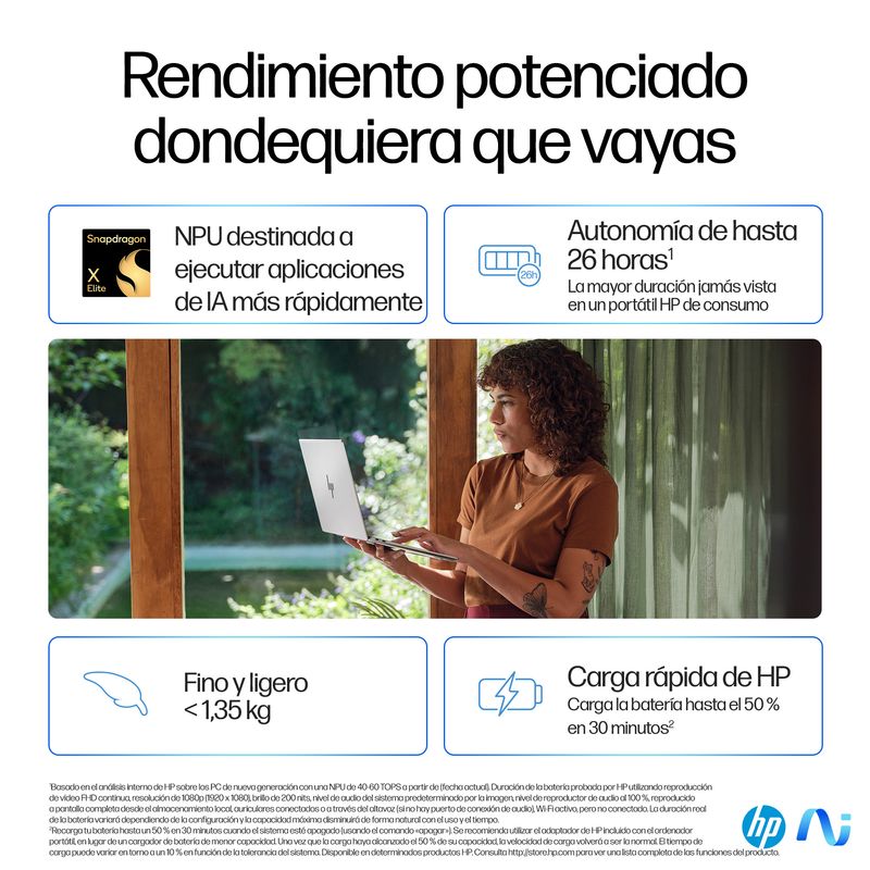 PORTATIL HP OMNIBOOK X 14-fe0008ns Qualcomm Snapdragon X Elite X1E-78-100/16GB DDR5 /1TB SSD/14" TACTIL/ W11l - Imagen 10 de 29