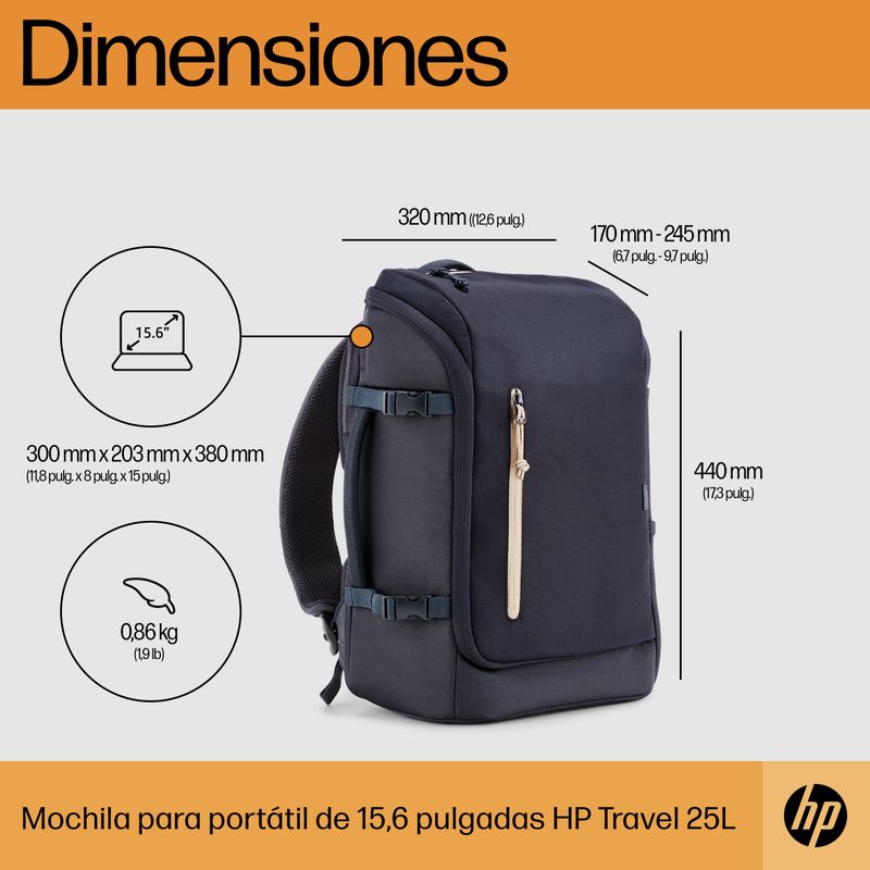 MOCHILA HP TRAVEL 25L AZUL PARA PORTATIL DE 15.6" - Imagen 5 de 14