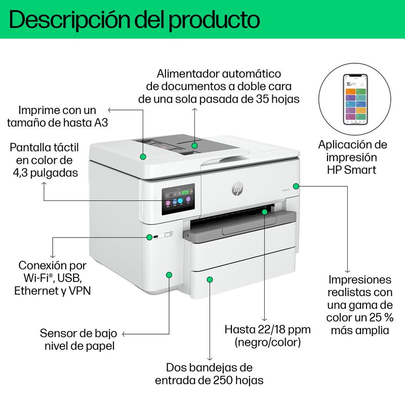 HP OfficeJet Pro Multifunción A3Wifi Thermal Inkjet Dúplex Impresora multifunción HP OfficeJet Pro 9730e de formato ancho, Color, Impresora para Ofici - Imagen 6 de 14