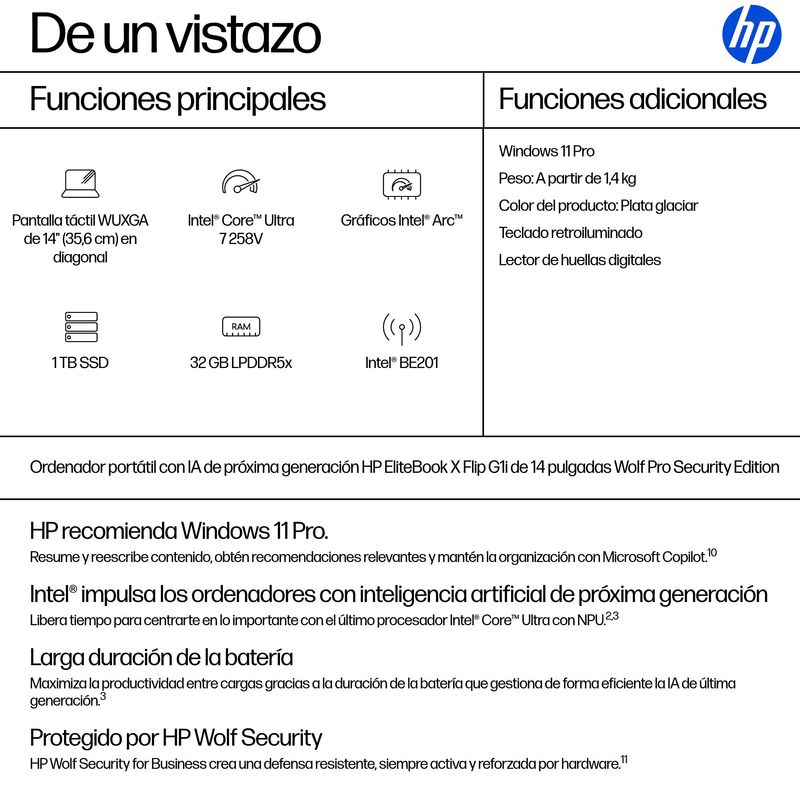 PORTATIL HP ELITEBOOK X FLIP G1I 35.6 CM (14") TOUCHSCREEN CONVERTIBLE COPILOT+ PC 2 IN 1 , WUXGA, INTEL CORE ULTRA 5 226V, 16 GB, 512 GB SSD, GLACIER - Imagen 5 de 19