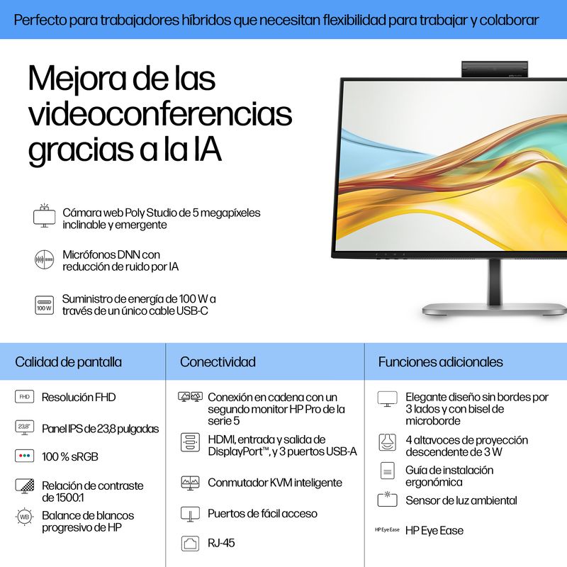 HP Monitor de videoconferencia FHD USB-C HP Pro de la serie 5 de 23,8 pulgadas: 524pm Series 5 Pro 23.8" LCD IPS Full HD HDMI Altavoces - Imagen 4 de 13