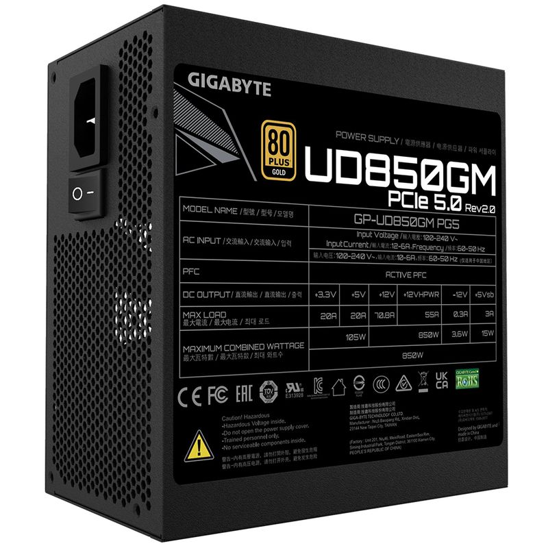 Fuente Alimentación 850W GIGABYTE UD850GM PG5 V2 Fuente de Alimentación – PCIe Gen 5.1, 80 PLUS Gold, Diseño completamente modular, Ventilador de 120 - Imagen 6 de 9
